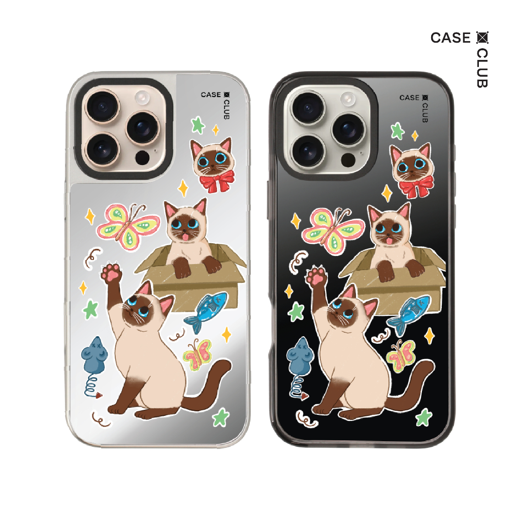 CaseClub เคสไอโฟน เคสกระจก ลาย Trio Siamese Cat สำหรับ i17 Pro Max/i17 Pro/i17 Air/i17