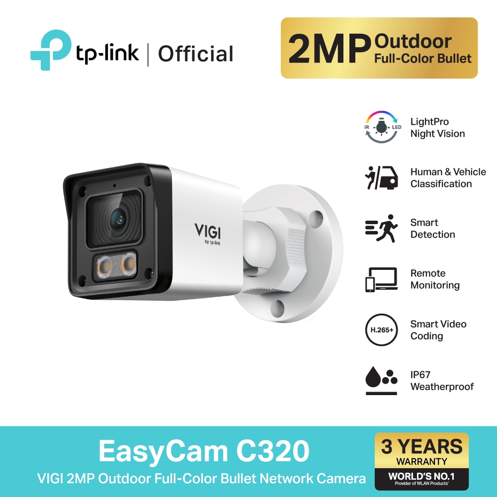 TP-Link EasyCam C320 กล้องวงจรปิด 2MP ภาพสี24ชม. IP67กันน้ำกันฝุ่น VIGI Outdoor Full-Color Bullet Network Camera
