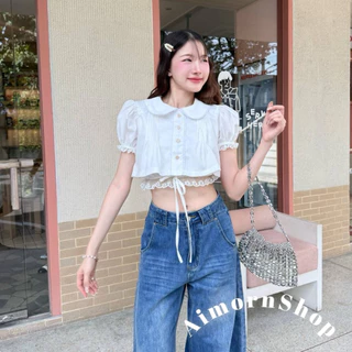 🔥aimorn_shop🔥เสื้อครอปแขนตุ๊กตา ครอปลูกไม้ คอบัว แต่งดกระดุมน่ารักๆ ชายเสื้อแต่งลูกไม้