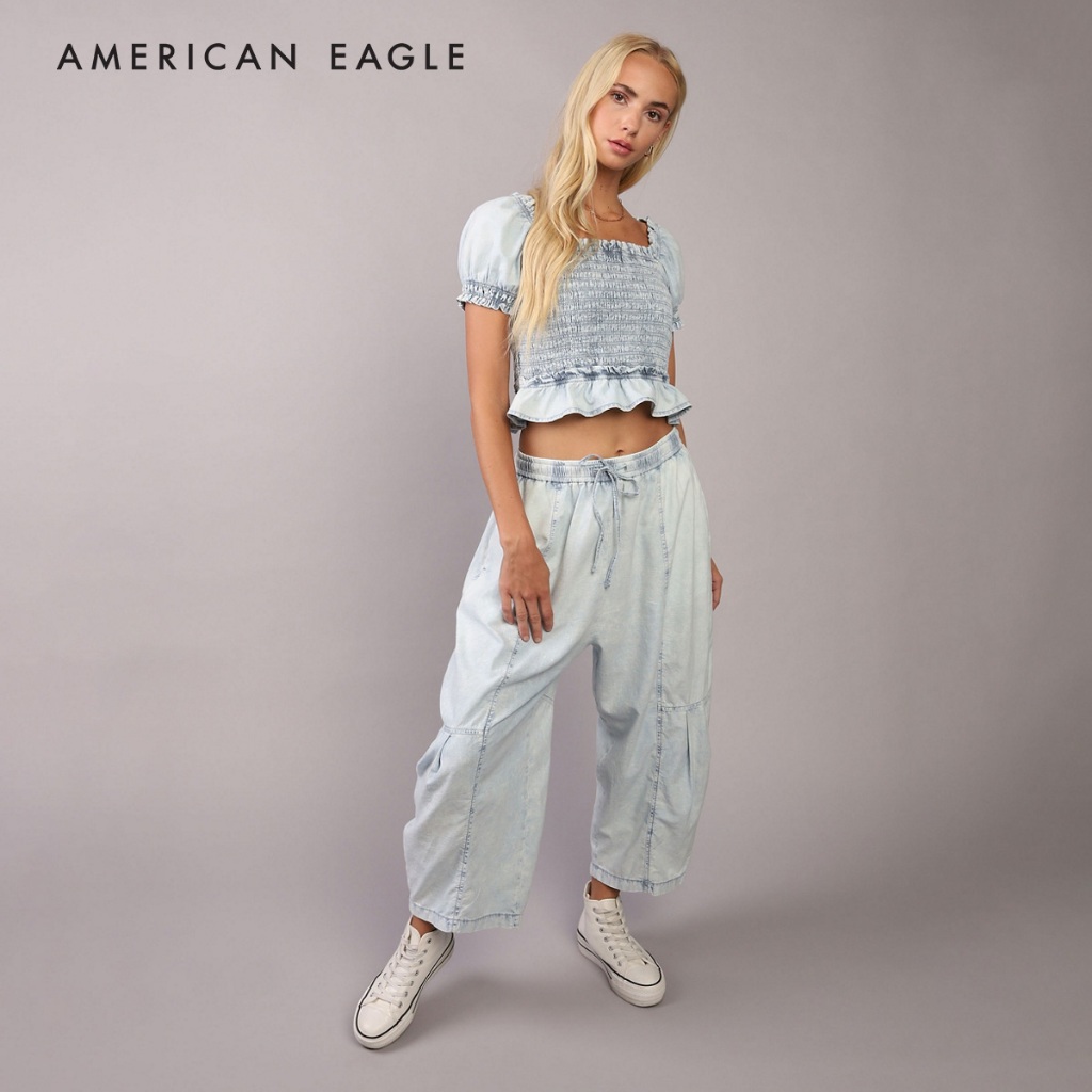 American Eagle High Neck Puff Sleeve Smocked T-Shirt เสื้อ ผู้หญิง (NWSB 035-6543-915)