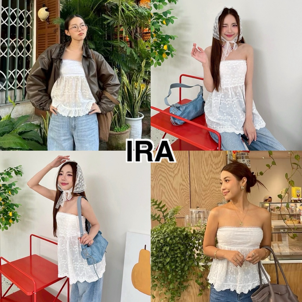 BY IRA (23238)พร้อมส่งค้า เสื้อเกาะอกลูกไม้ สม็อคด้านหลัง ผ้าลูกไม้ แต่งชายระบาย สายคาเฟ่ต้องมีค้า