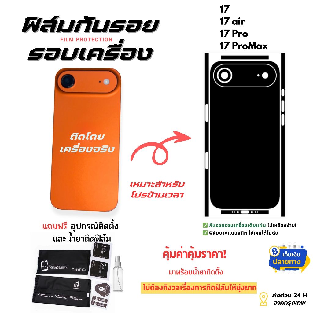 ฟิล์มกันรอยด้านหลังและขอบข้างสำหรับ iPhone 17 Series  ครอบคลุมรอบเครื่อง บางเฉียบ ป้องกันรอยเต็มขั้น