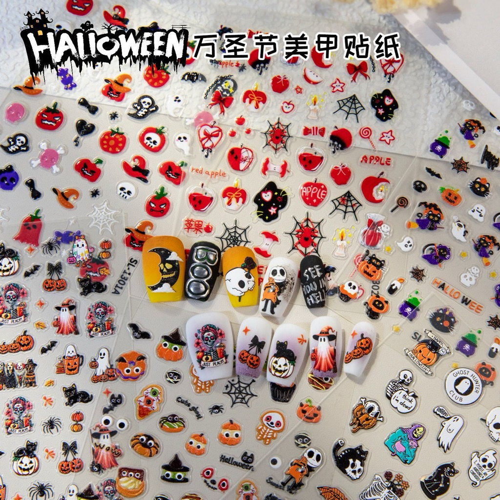 YT Halloween สติกเกอร์ติดเล็บ เทศกาลฮาโลวีน แมวดำ ฝักทอง (เป็นสติกเกอร์อย่างเดียวนะคะ ไม่มีเล็บปลอมคะ)