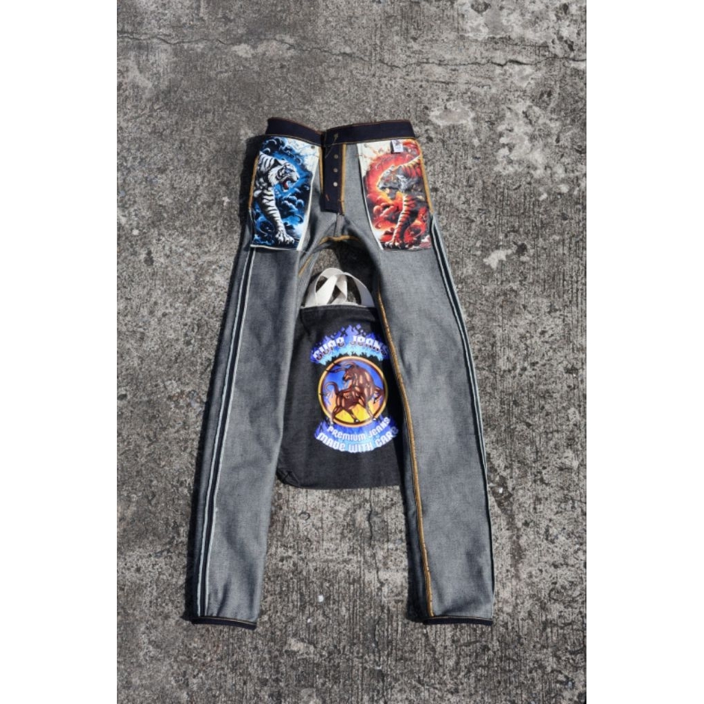 GUPEJEANS 26oz พยัคร์อาร์คซ่อน เข้ม หนา นุ่ม สะใจสายเฟด มิดไนท์ กระดุมใหม่แกนขาคู่ ถุงผ้ายีนส์