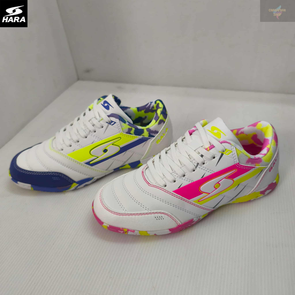 HARA Sport รองเท้าฟุตซอลเด็ก รุ่น Futsal-X รองเท้าฟุตซอลพื้นลาย FK002 สีขาวชมพูเหลือง/สีขาวน้ำเงิน SIZE 34-38