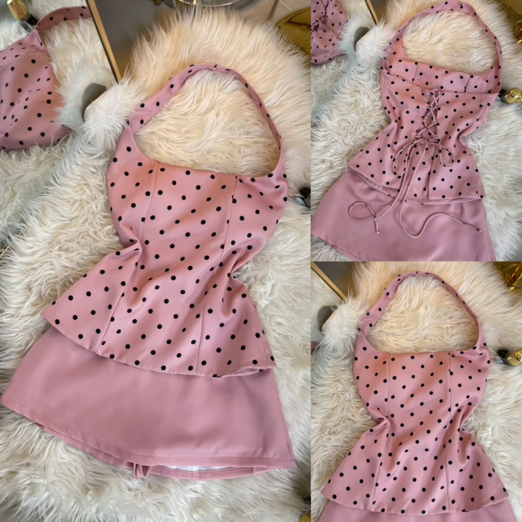 Set เสื้อคล้องคอpolka dot +กระโปรงสีพื้นสานหลังSR