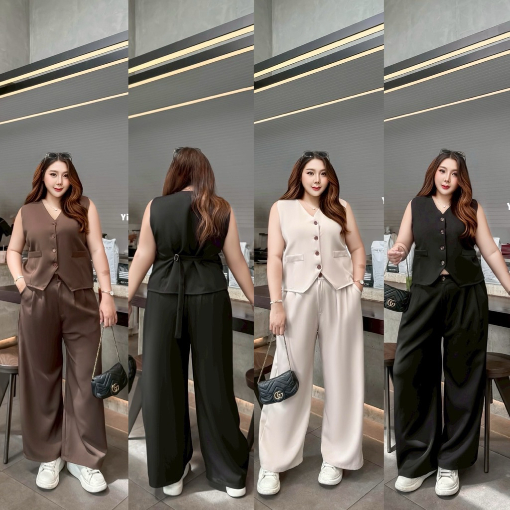 (YY) SETเสื้อกั๊กสูทกระดุมหน้า ด้านหลังปรับเลื่อนได้ มาพร้อมกางเกงขายาว มีซิป มีพระดุม เอวสม็อคหลังยืดได้ตามตัว ไซส์ใหญ่