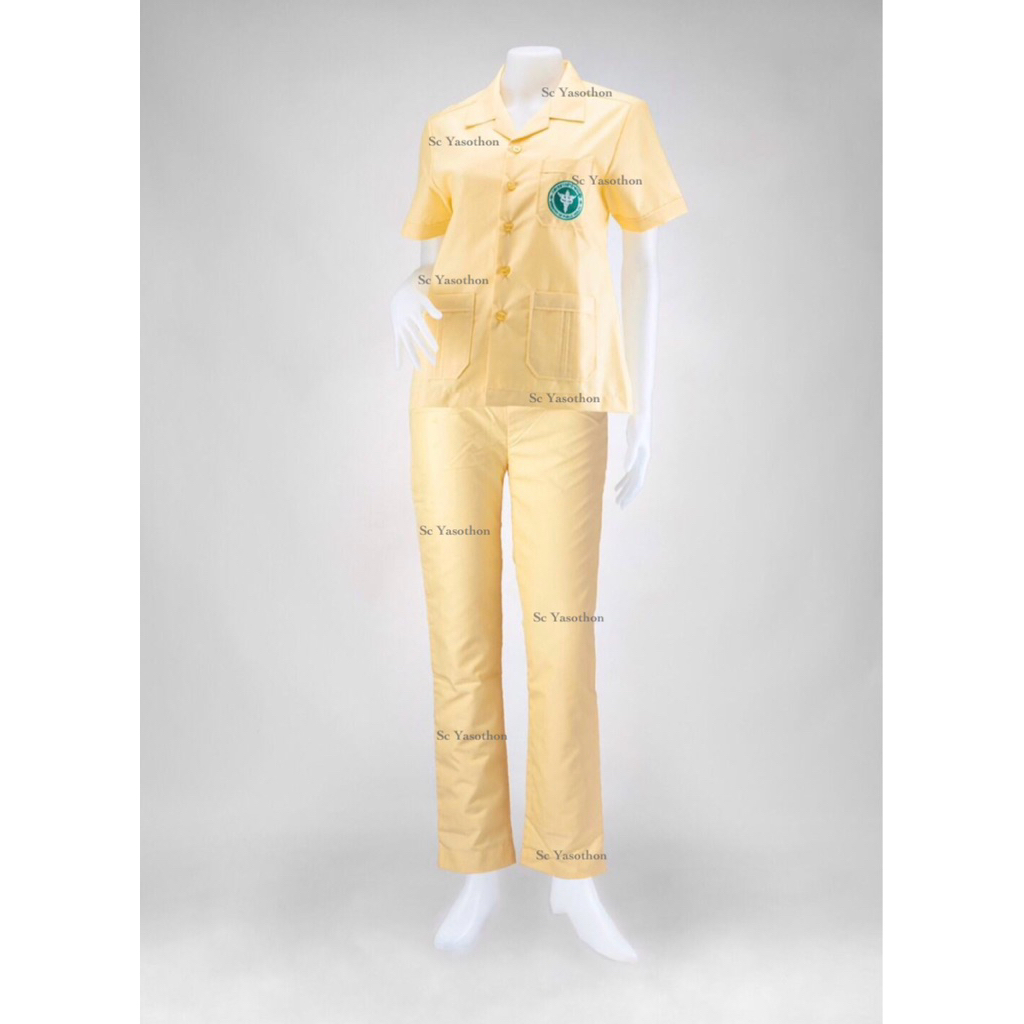 ชุดผู้ช่วยพยาบาล“ริ้วเหลือง”เสื้อปักโลโก้สาธารณสุข รอบอกเสื้อ34-46/รอบเอวกางเกง27-38