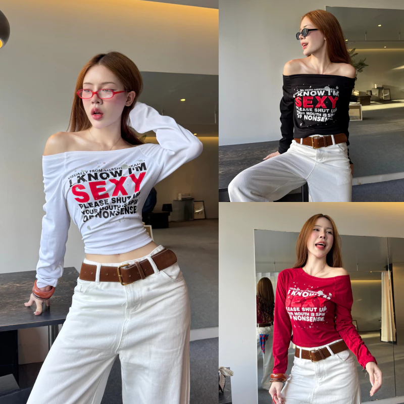 🌈SpinnyHouse🌈เสื้อปาดไหล่แขนยาว พร้อมส่ง สกรีนลายแน่นๆ ปาดไหล่แขนยาว ผ้าร่องยืด สาวอวบใส่ได้ รุ่น ไวกิ้ง SEXY