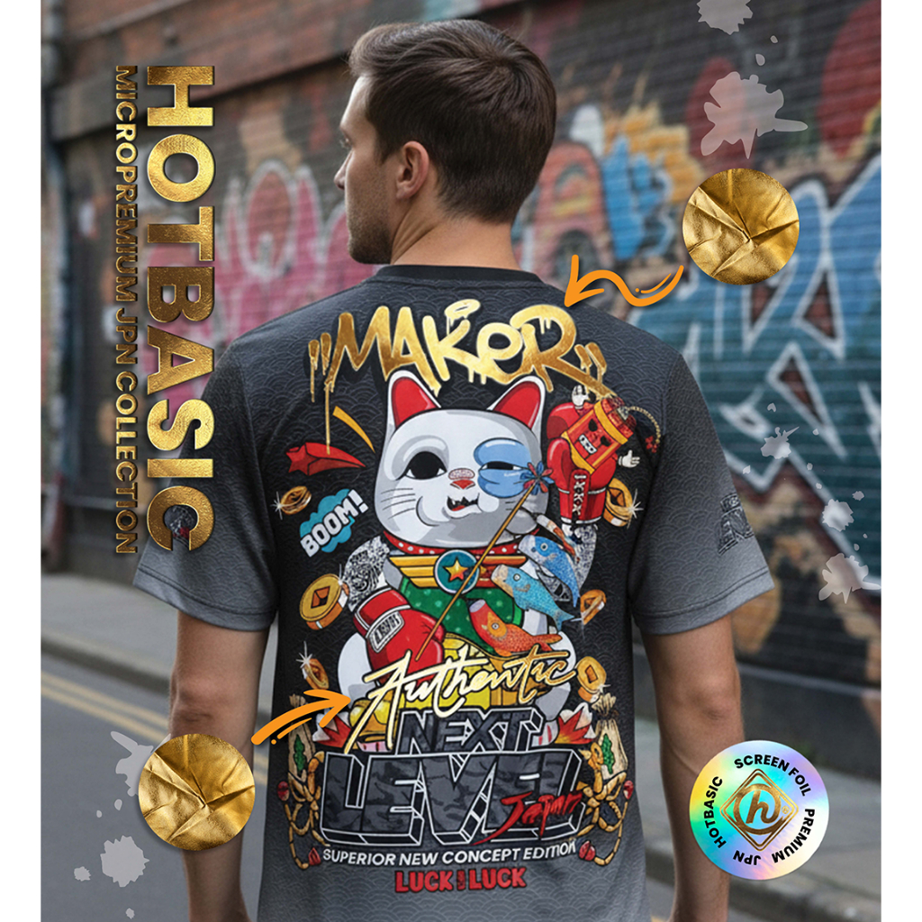 เสื้อยืดลาย แมวกวัก นักมวย | พิมพ์ลายฟอยล์ทอง | ผ้าไมโครแห้งไว ใส่สบาย สตรีทแฟชั่น JPN [SF66]