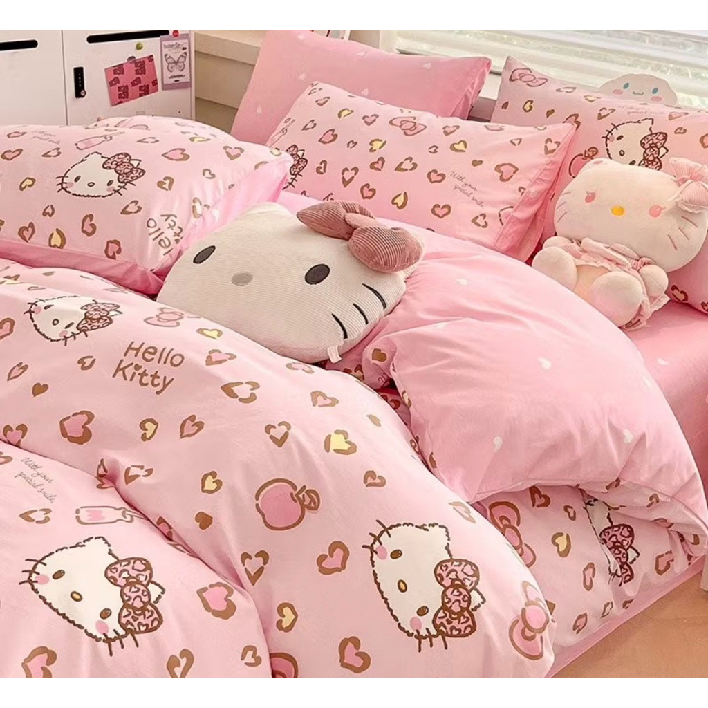 ผ้าปูที่นอน ชุดผ้าปูผ้าห่ม(ลายคิตตี้)ขนาด 3|5|6 ฟุต 🛏 เนื้อผ้าคอตตอน 100% หนานุ่มนอนสบาย🏡☀️🤍
