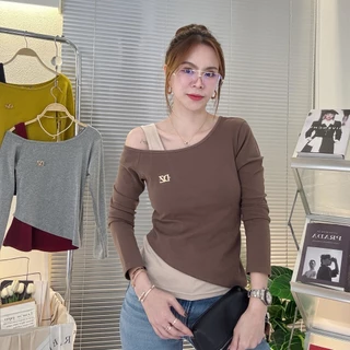 099-100 เสื้อยืดแขนยาว ทูโทนเบี่ยงไหล่ ผ้าCotton supersoft