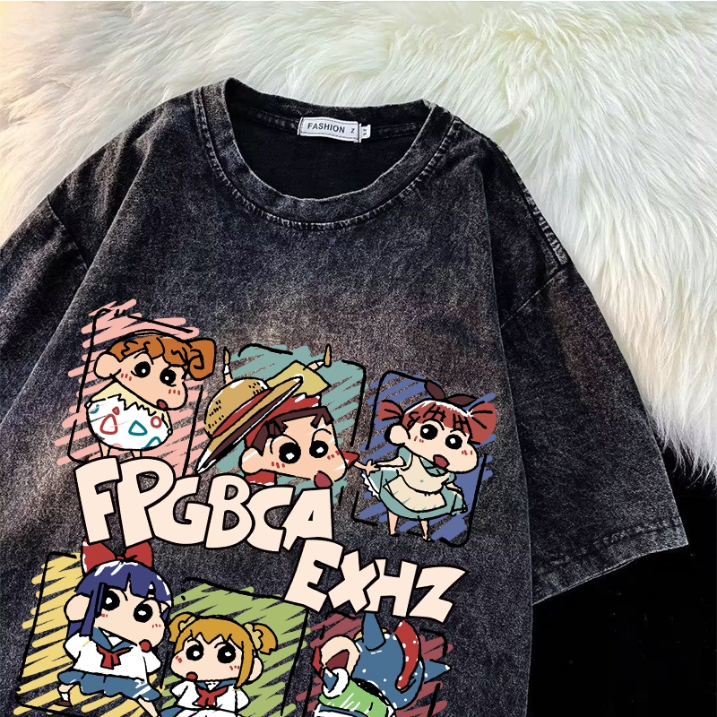 เสื้อฟอกวินเทจผู้หญิงแบบเท่ๆ ผ้าคอตตอน 100% oversize เสื้อผ้าสาวอวบไซส์ใหญ่เสื้อโอเวอร์ไซส์สไตล์เกาหลี ลายการ์ตูนญี่ปุ่น