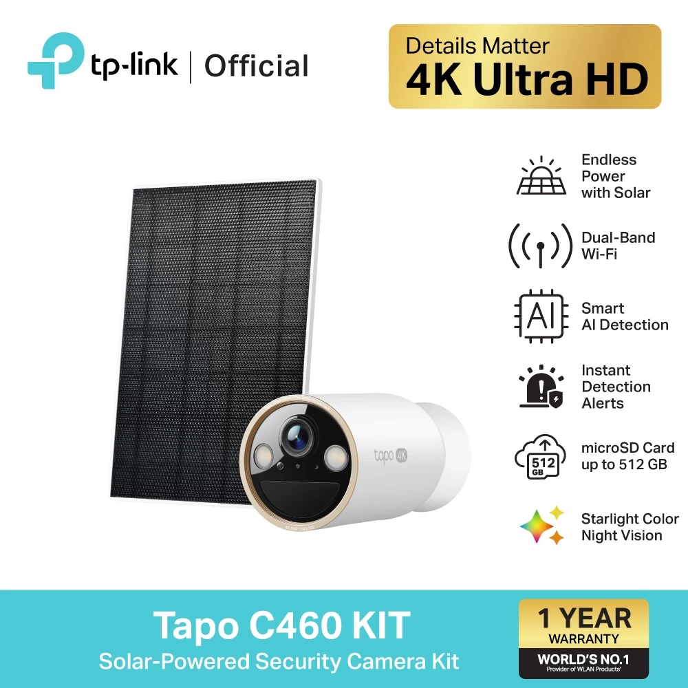 TP-Link Tapo C460 KIT ชุดกล้องวงจรปิด คมชัด 4K 8MP พร้อมแผงโซล่าร์เซลล์ Solar-Powered Security Camer