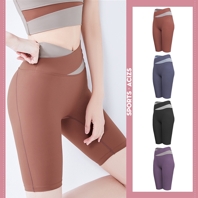 mvp sport กางเกงยีนส์ยืดสูงเอว กางเกงขาสั้นกีฬา