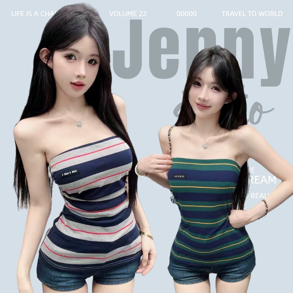 JENNY พร้อมส่ง 🌴🎄เสื้อเกาะอกผู้หญิง ผ้ายืด ดีไซน์แก๋ๆ  พิมพ์ลายขเสื้อครอปทรงรัดรูป สไตล์เรียบหรูเซ็กซี่แฟชั่น ชุดไปทะเล