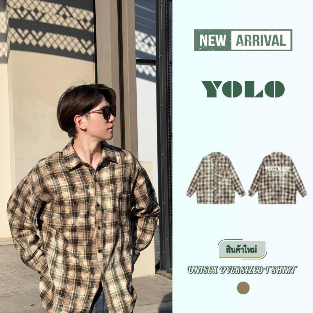 YOLO เสื้อเชิ้ต OVER SIZE เสื้อเชิ้ตคอปก แขนยาว ทรง unisex 8612