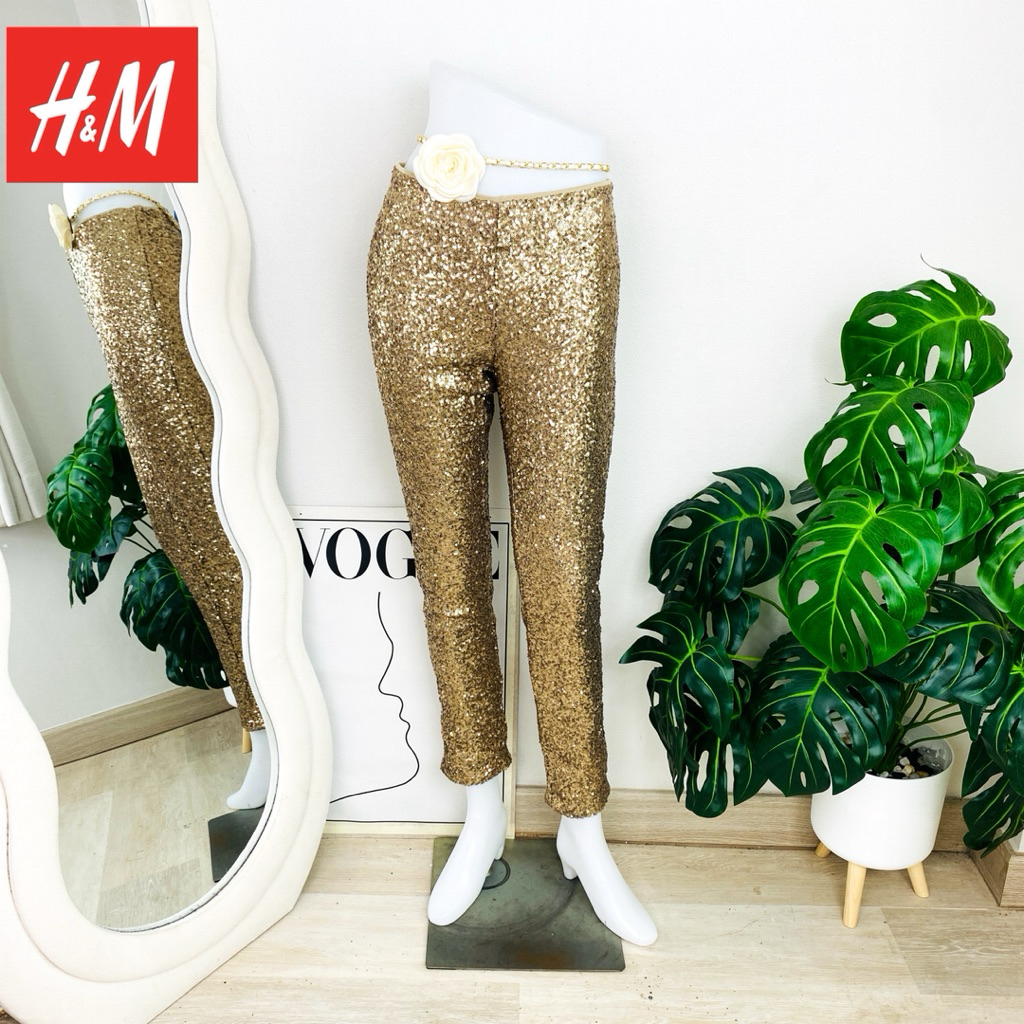 ไซด์ M แบรนด์ H&N แท้ 100%🌸กางเกง สกินนี่ เอวสูง งานเกล็ดวิบวับ สีคอปเปอร์ ใส่ออกงาน ชุดออกงาน ชุดปา