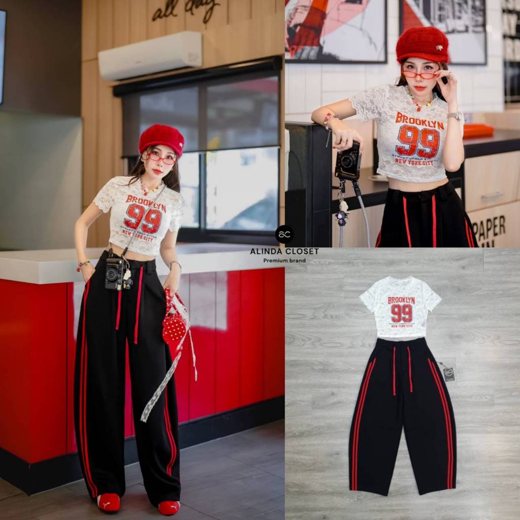 Alinda Setสกรีนลายด้านหน้าเสื้อยืดผ้าลูกไม