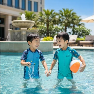 NT Baby - 080 (สินค้าพร้อมส่ง) ชุดว่ายน้ำเด็กแขนสั้นวันพีซ สีฟ้าทะเลสุดคิ้วท์ เกรดพรีเมี่ยม ผ้านุ่มใส่สบาย