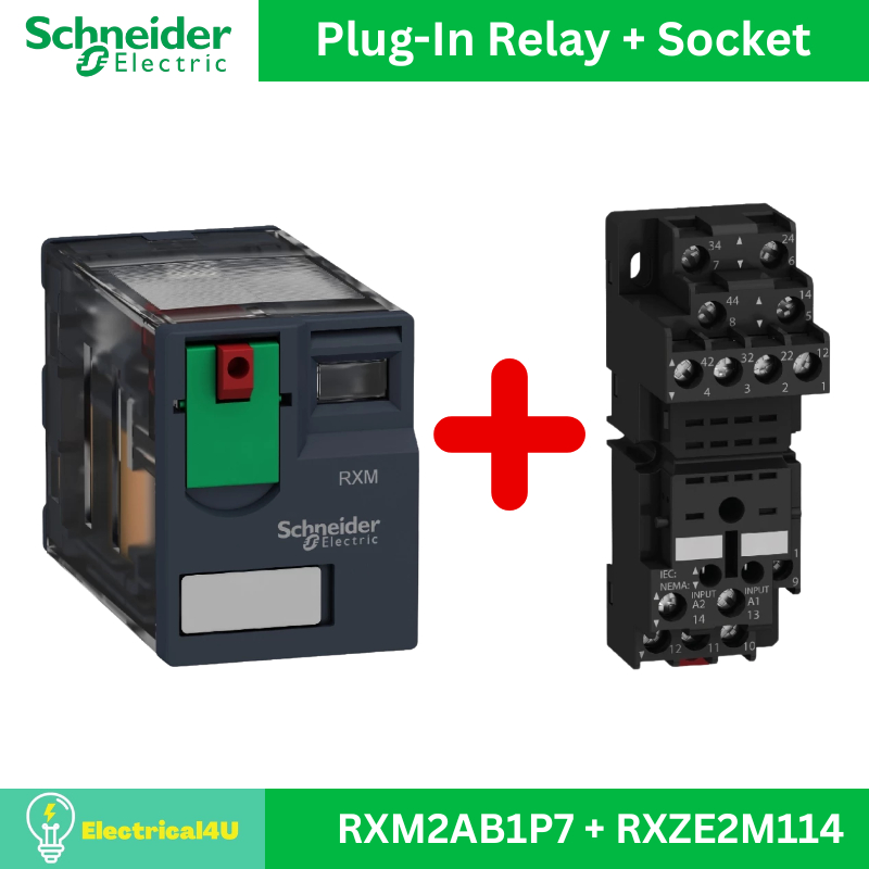 Schneider Electric RXM2AB1P7 + RXZE2M114 ชุดรีเลย์พร้อมฐานเสียบ 2 คอนแทค 12A 230V AC