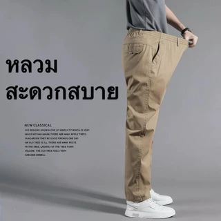 กางเกงขายาว ชาย ผ้าฝ้ายบริสุทธิ์ กางเกงลำลองผู้ชาย หลวมและระบายอากาศได้ ผ้าฝ้ายทอลายทแยง การออกแบบกระเป๋า เข้ารูปใส่สบาย