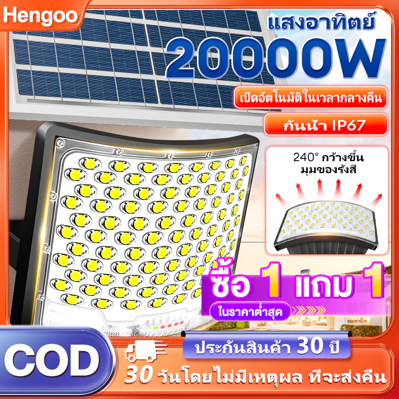 ไฟถนนโซล่าเซลล์ ไฟโซล่าเซลล์ solar cell 20000w solar light ไฟโซล่าเซล1แถม1 โซล่าเซลล์ หน้าจอ 4 มุมกว้างพิเศษ