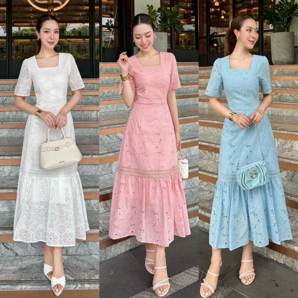 CHERISH เดรสยาวลูกไม้คอกลมซิปหลัง White , Pink , Blue