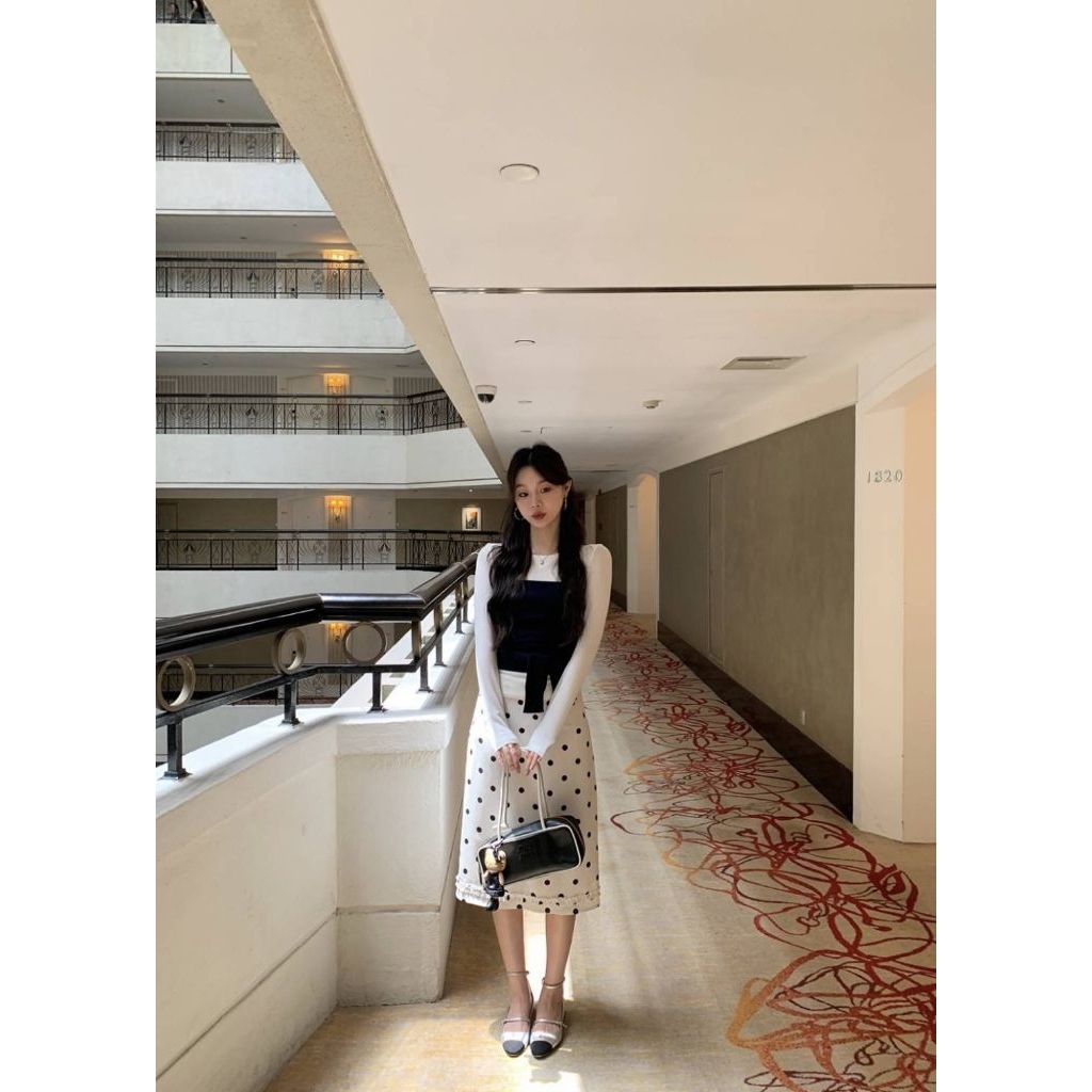 ✅พร้อมส่งกดได้เลย✅กระโปรงทรงเอ 3 ส่วนสีขาว ลายจุดดำ - รูปที่ 5