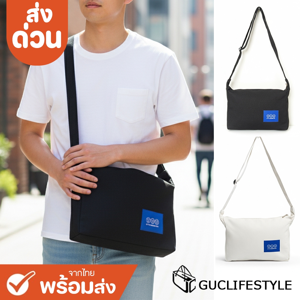 ส่งด่วน GUCSELECTED(B1913) กระเป๋าผ้าแคนวาสใบเล็ก-ป้ายงานสกีน สีดำ สีขาว