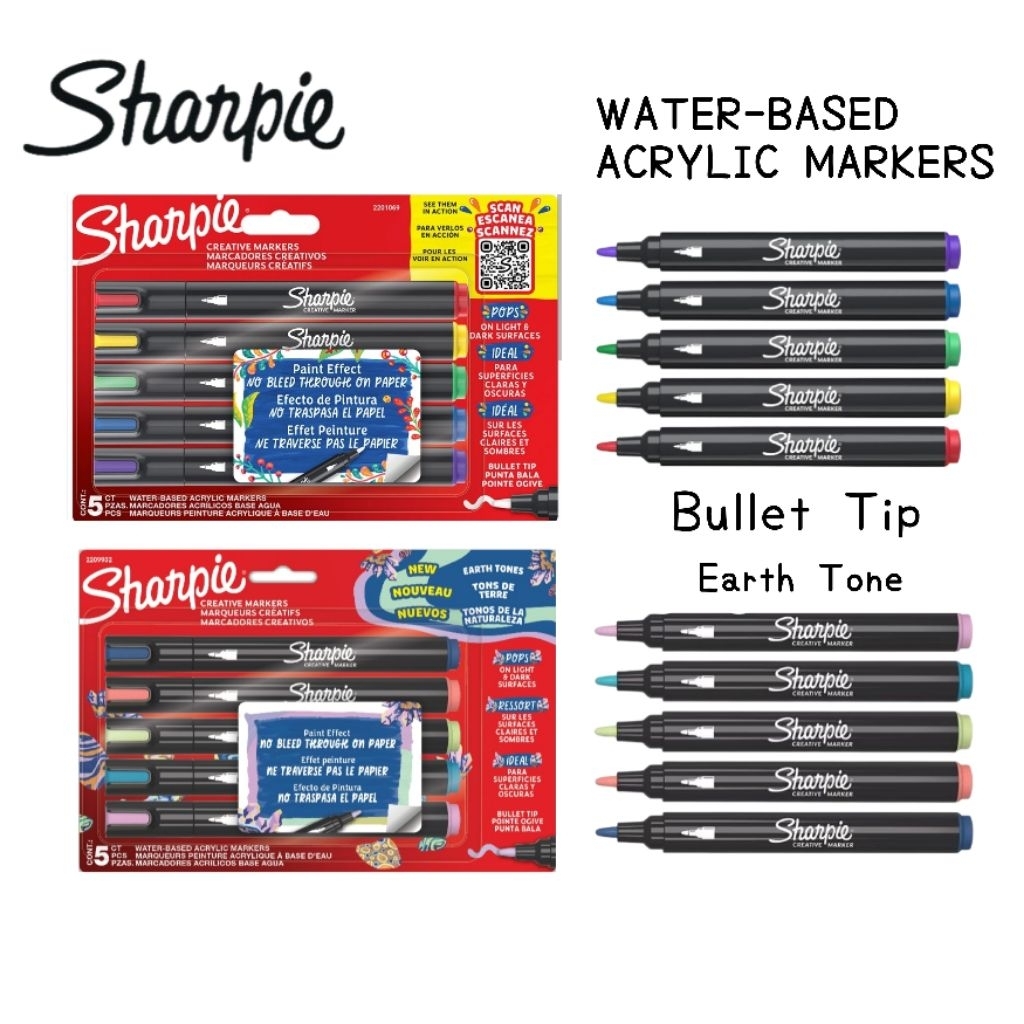 Sharpie ปากกามาร์คเกอร์ อะคริลิค Acrylic Markers 5 สี สูตรน้ำ ชนิดหัวกลม Earth Tones เขียนได้ทุกพื้นผิว (ราคา 1 ชุด)