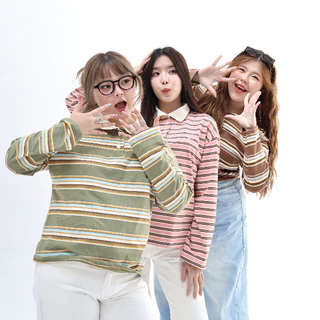 JARINYA เสื้อเชิ้ตคอปกแขนยาวลายทาง Unisex ทรง Oversize เนื้อผ้าคุณภาพเกรดดี ใส่สบาย ปักอะไหล่ โลโก้