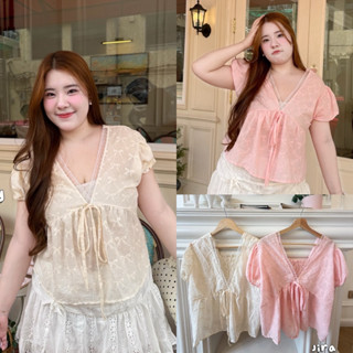 /JR/ เสื้อคอวีผ้าฉลุลายโบว์ สาวอวบ ไซส์อก38-50 แต่งลูกไม้ ผู…