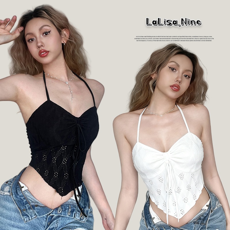 Lalisa พร้อมส่ง🍑เสื้อสายเดี่ยว🍑เสื้อครอป สีดำ สีขาว  สไตล์สาวฮอต ดีเทลลายฉลุ ทรงเข้ารูป เซ็กซี่แฟชั่นผู้หญิง ชุดไปทะเล