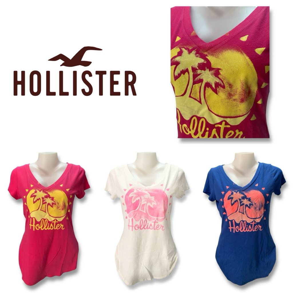 SA204 | Hollister เสื้อยืดคอวี แขนสั้น สกรีนลายต้นมะพร้าว กากเพชร เซล