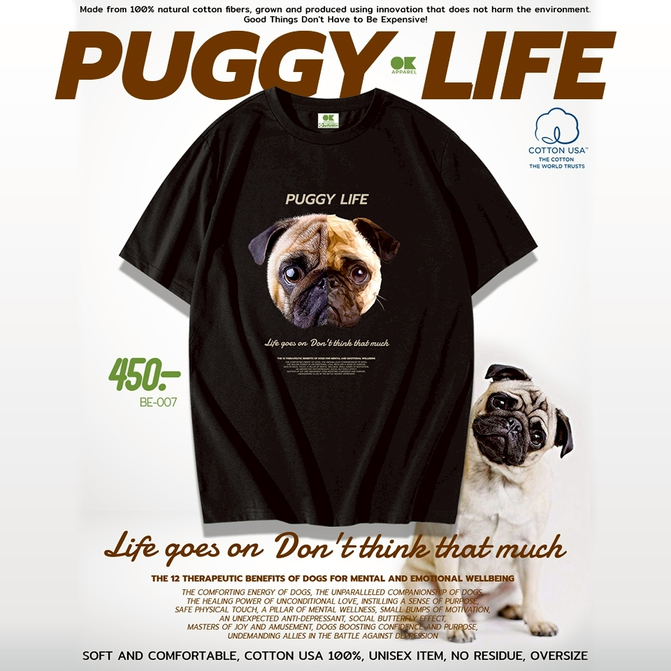 OK Apparel เสื้อยืดคอกลมแขนสั้น ลายหมาปั๊ก ผ้าคอตตอนUSA100% OVERSIZE
