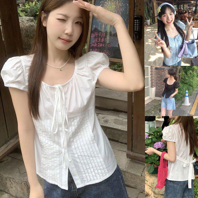 (ส่งจากกรุงเทพฯ)สไตล์เกาหลี เสื้อเชิ้ตผู้หญิง แขนสั้น สไตล์เรียบง่าย แฟชั่น สีพื้น สงกรานต์