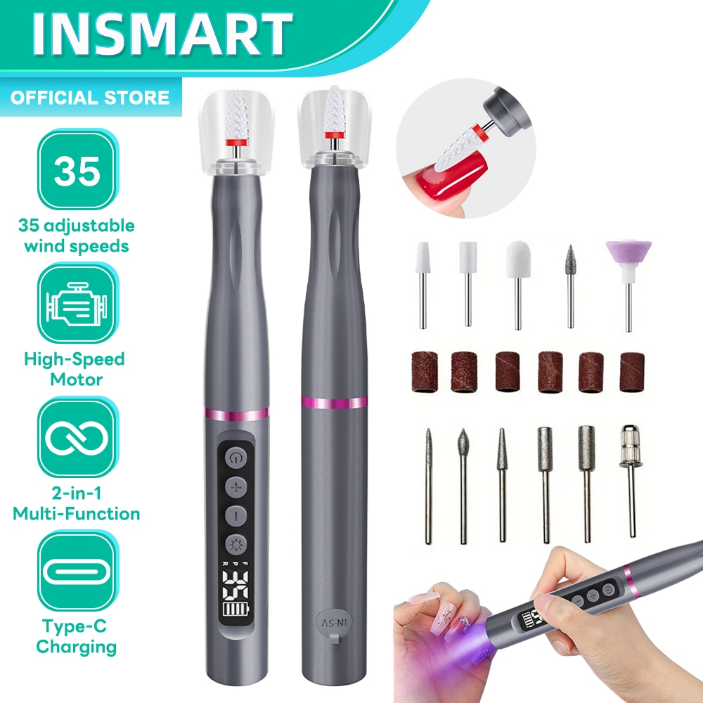 INSMARTเครื่องเจียเล็บไฟฟ้า ตะไบไฟฟ้า พร้อมหลอดไฟอบ UV ขนาดเล็ก กระทัดรัด การใช้งานแบบอเนกประสงค์