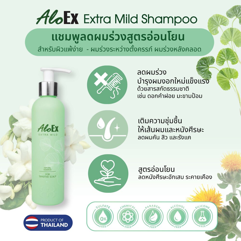 [เซตสุดคุ้ม] AloEx Extra Mild Shampoo, AloEx Hair Mask, AloEx Hair Serum 120 ml. เซตลดผมร่วง บำรุงผมหนา สำหรับผิวแพ้ง่าย - รูปที่ 2