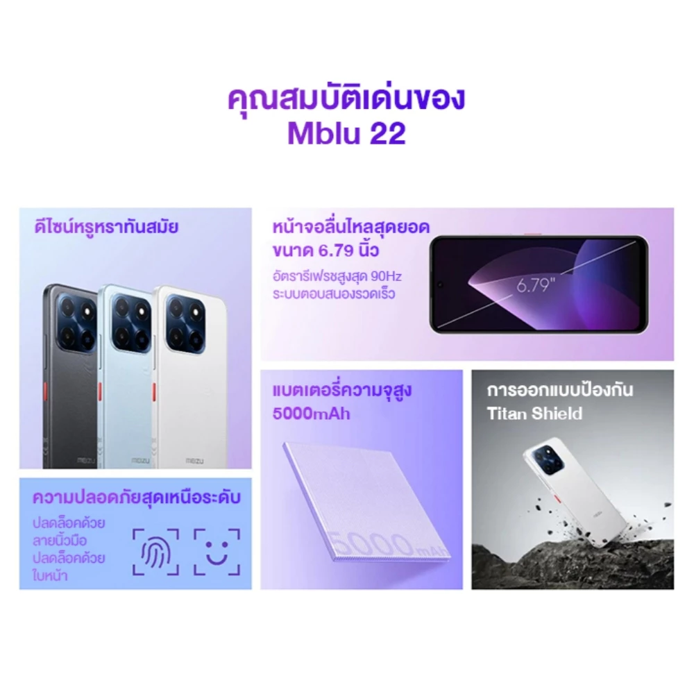 MEIZU Mblu 22 (4/128GB) สมาร์ทโฟน จอใหญ่ 6.79 นิ้ว 90Hz แบต 5000mAh เครื่องศูนย์ไทย ประกัน 12 เดือน thumbnail 3