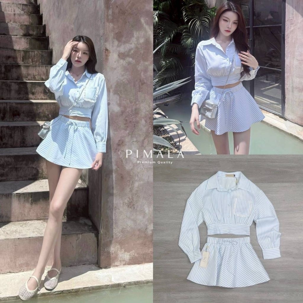 Pimala เซ็ตเสื้อเชิ้ตคอปกแขนยาวมาในแบบทรงcropทำให้หุ่นดีเอวเล็ก เอวยืดได้น้ากระเป๋าเสื้อเป็นลูกไม้น่ารักมาก