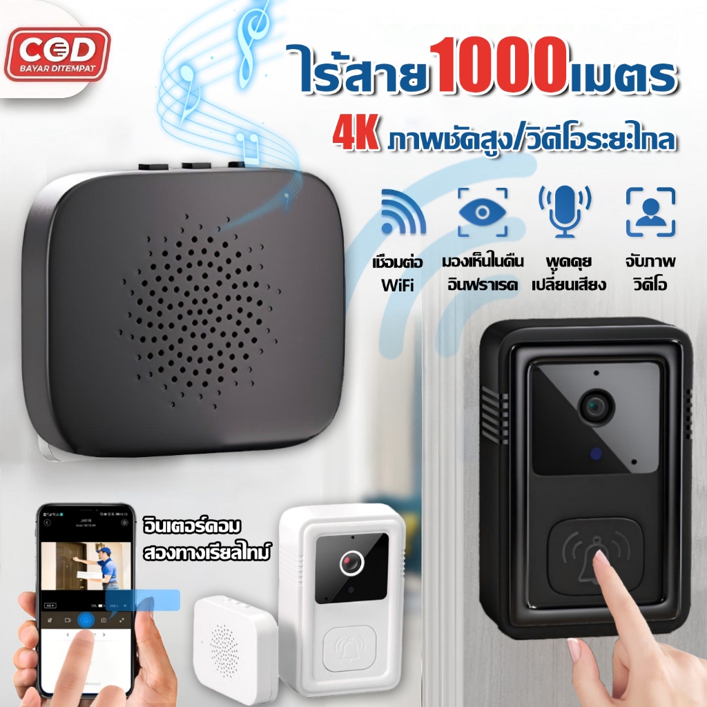 ⚡ดังสุด ๆ⚡กริ่งไร้สาย กริ่งประตูไร้สาย วิดีโอHDเรียลไทม์ พูดเสียงที่แปรผัน ปรับระดับเสียงได้ กริ่งประตู Door bell