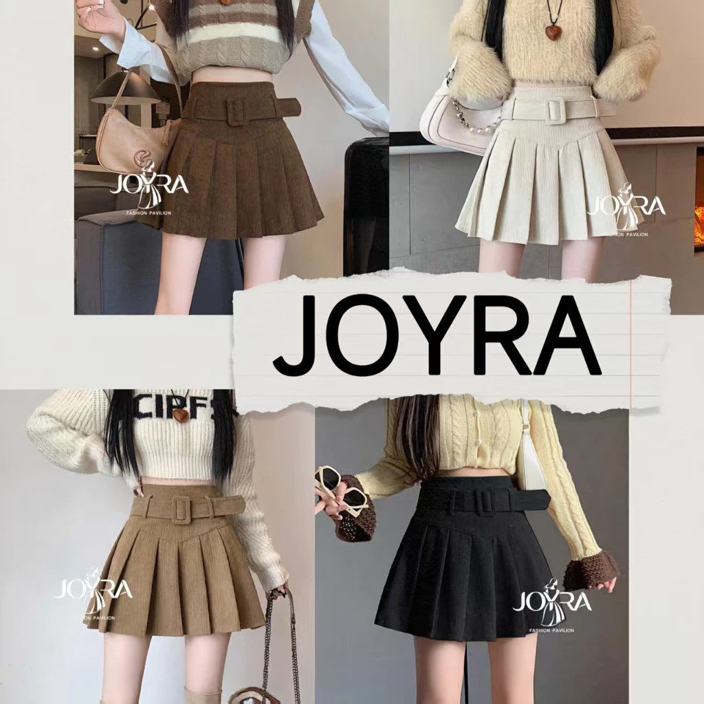 พร้อมส่ง กระโปรงลูกฟูก เอวสูง ซิปข้าง เข็มขัดผ้า จับจีบรอบตัวสีคลุมโทน แฟชั่นสไตล์ Y2K Clothing ผู้หญิง