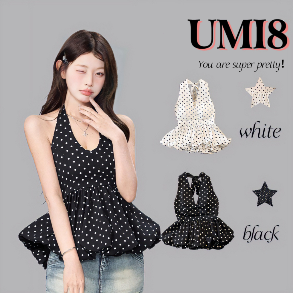 UMI8 【ในสต็อก】 เสื้อกล้ามคอวีลายจุดสไตล์สาวฮอตประจำซัมเมอร์ ชุดเดรสลายดอกไม้เปิดหลังลายจุดสุดเซ็กซี่