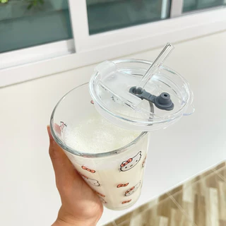 แก้วน้ำ [ฝา+หลอดแก้ว] แก้วกระจก 450 ml หนามาก ใส่ได้ทั้งร้อนและเย็น ลายการ์ตูน น่ารัก พร้อมส่ง