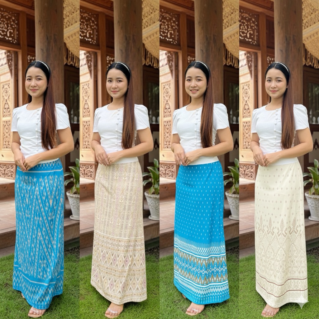 กระโปรงพิมพ์ลายไทย เนื้อนุ่ม ใส่สบาย ลายสวย ผ้าหนังไก่นุ่นเด้ง ขนาดฟรีไซส์ ความยาว 38 นิ้ว เอว 28-38 นิ้ว สะโพก 42 นิ้ว