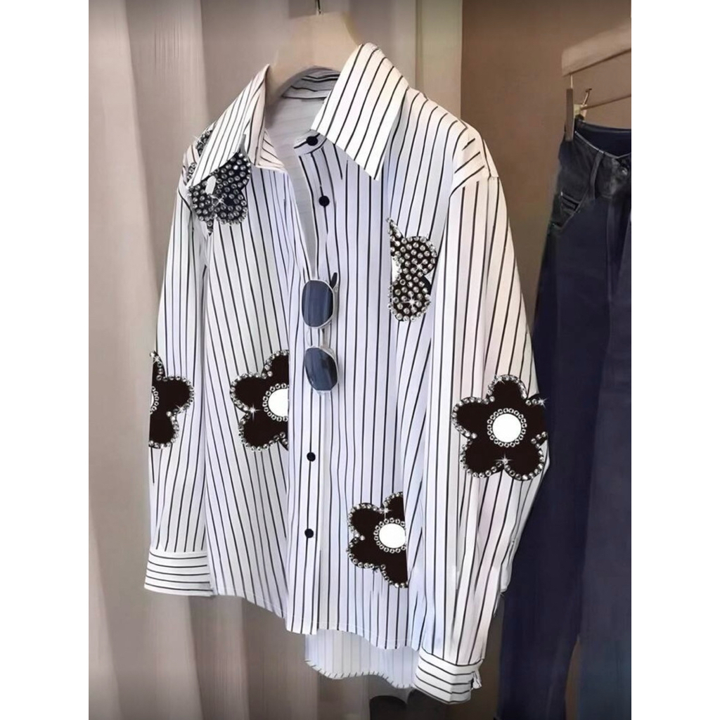 เสื้อเชิ้ตแขนยาวลายทาง ประดับด้วยเพชรพลอย งานจริงสวยตรงปก เหมาะสำหรับฤดูใบไม้ผลิและฤดูใบไม้ร่วง