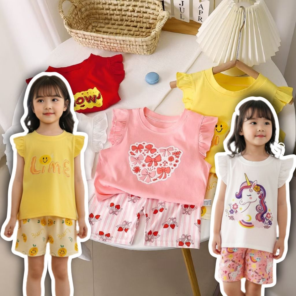 ชุดเด็กผู้หญิง เสื้อ+กางเกง แขนระบาย ผ้านุ่ม ยืด ไซส์ 80-110