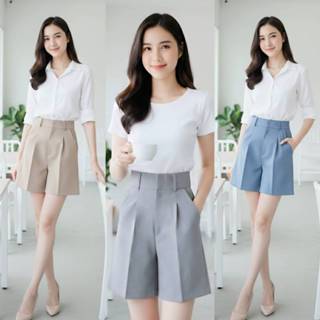 New!! กางเกงขาสั้นผ้าโซดา ยาว17-18นิ้ว รุ่นจีบเดี่ยว เอวสูงป…