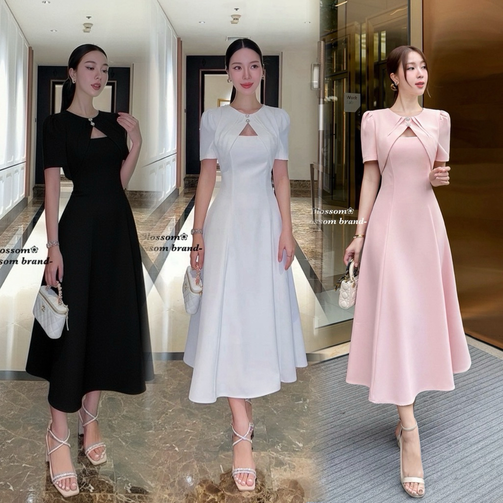 พร้อมส่ง•Blossom•เดรคอกลมเหมือนใส่2ชิ้นช่วงอกแต่งกระดุมเพชร เรียบหรูดูดี ใส่งานบุญ งานบวช เข้าพรรษา